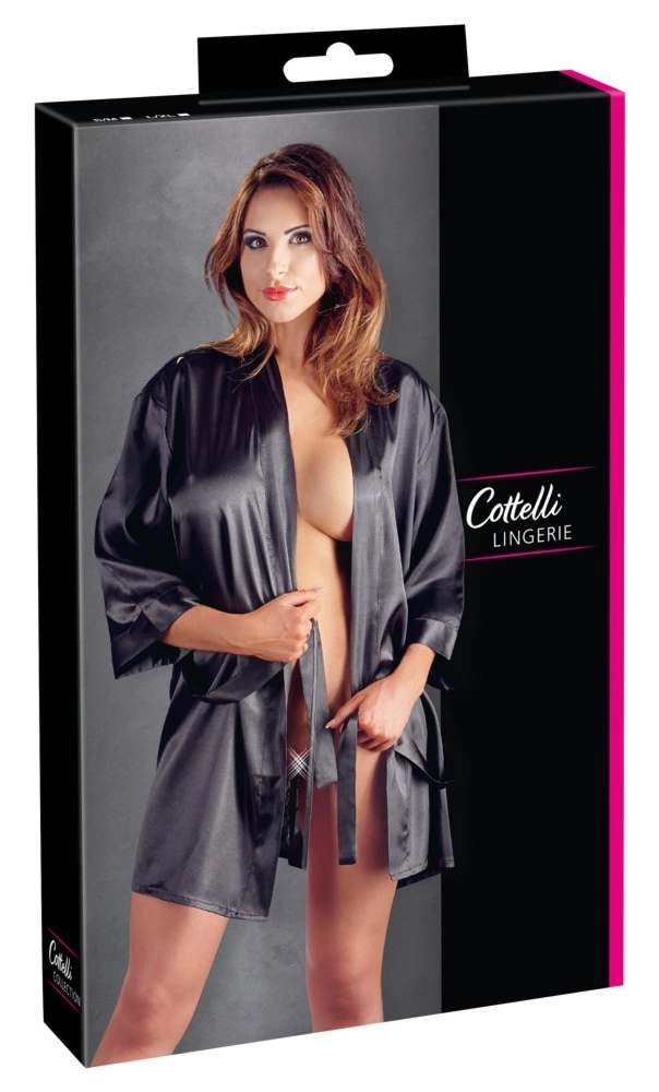 Cottelli Lingerie Szlafrok Satynowy z Koronką Czarny S/M, Kimono z Paskiem