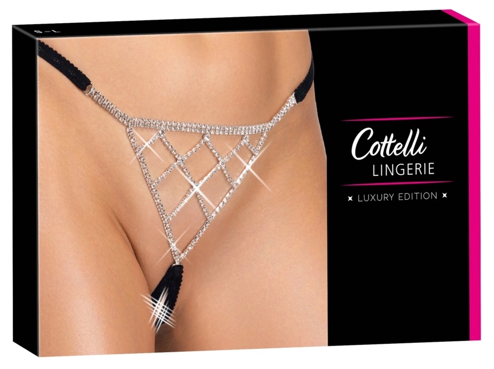 Cottelli LINGERIE String z kryształkami, czarny, regulowany pas S-L, ozdobne detale