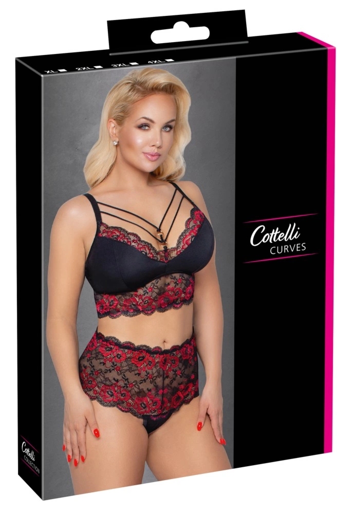 Cottelli Curves 2XL – czarny komplet koronkowy z wysokimi stringami i ozdobnymi paskami