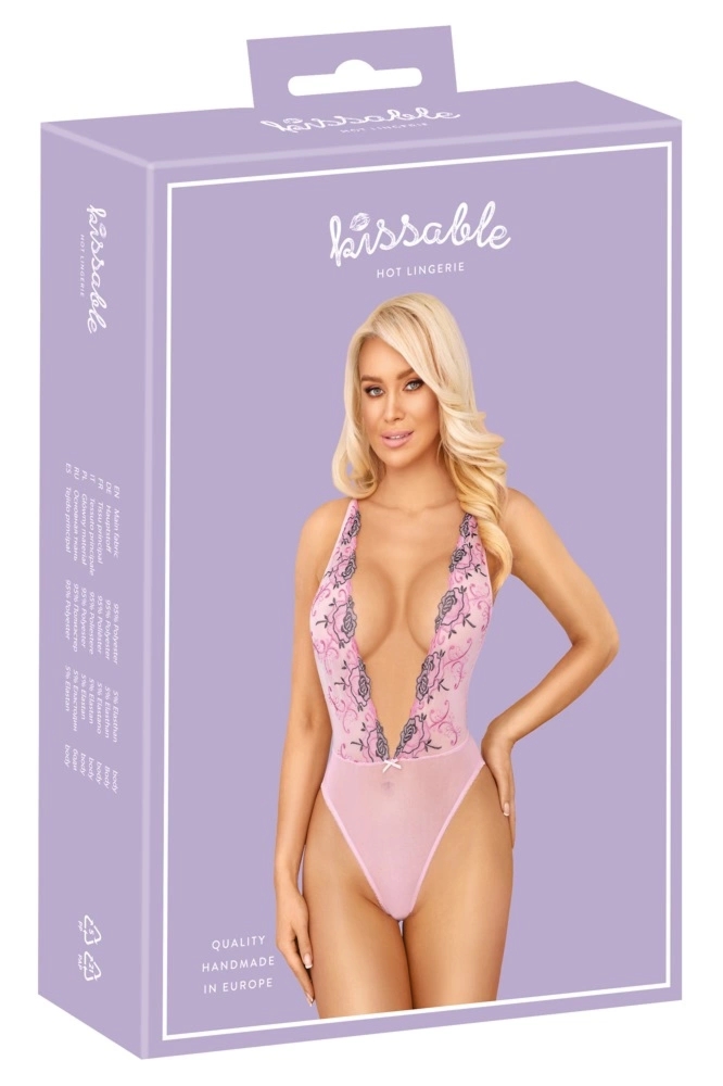 Kissable Body L/XL z haftem kwiatowym, pudrowy róż, regulowane ramiączka