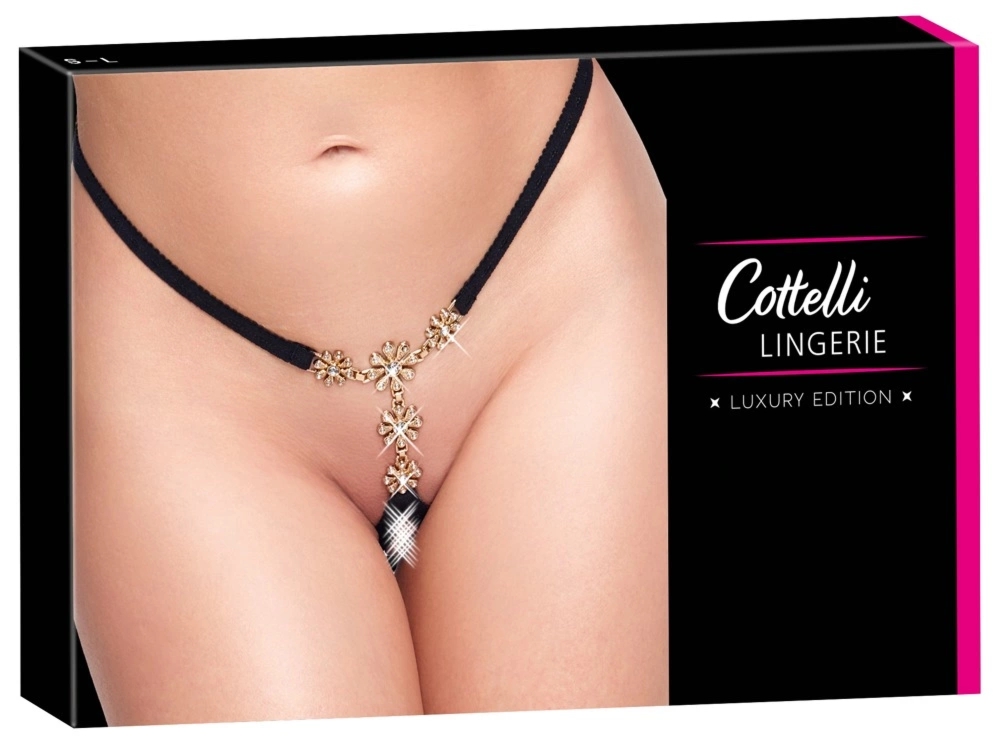 Cottelli LINGERIE String Flowers S-L czarny z kwiatami, cyrkoniami i otwartą konstrukcją