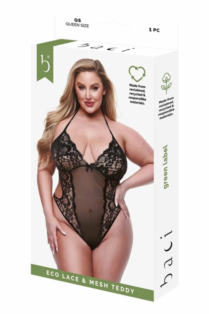 Baci Eco Lace & Mesh Teddy Black QS – ekologiczny body z koronką i siateczką, czarny, Queen Size