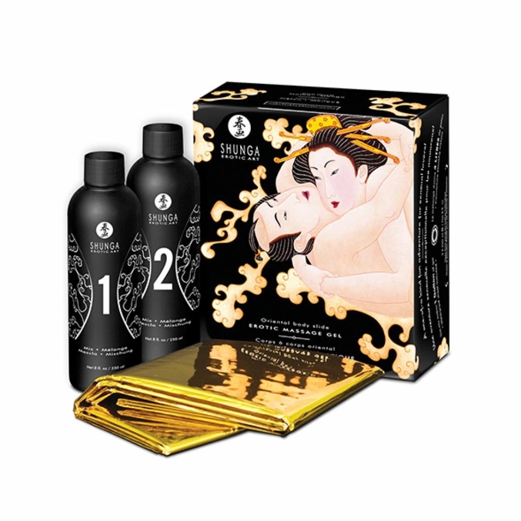 Shunga Oriental Body-to-Body żel do masażu Melon & Mango 2x250ml z prześcieradłem