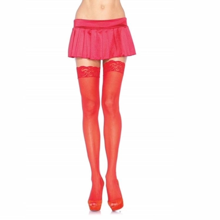 Leg Avenue Czerwone rajstopy z koronkowym wykończeniem, one size, 100% nylon