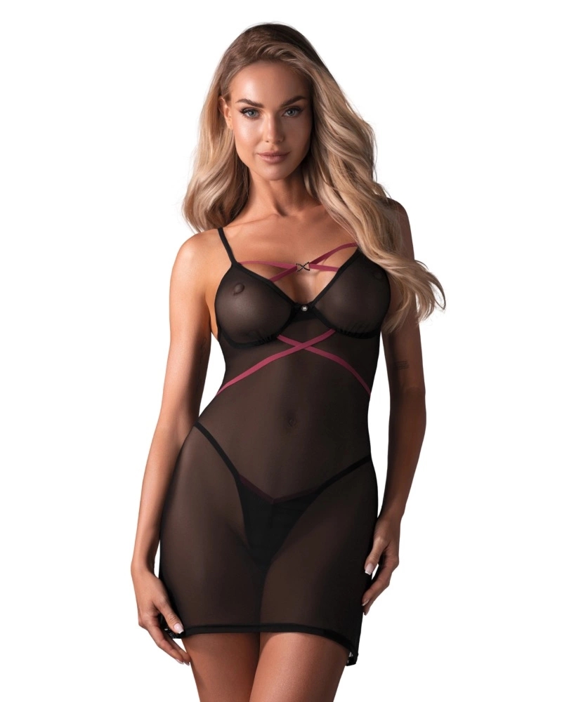 Obsessive Novenes XL/2XL – komplet bielizny dwuczęściowy, koszulka i stringi, czarny/różowy
