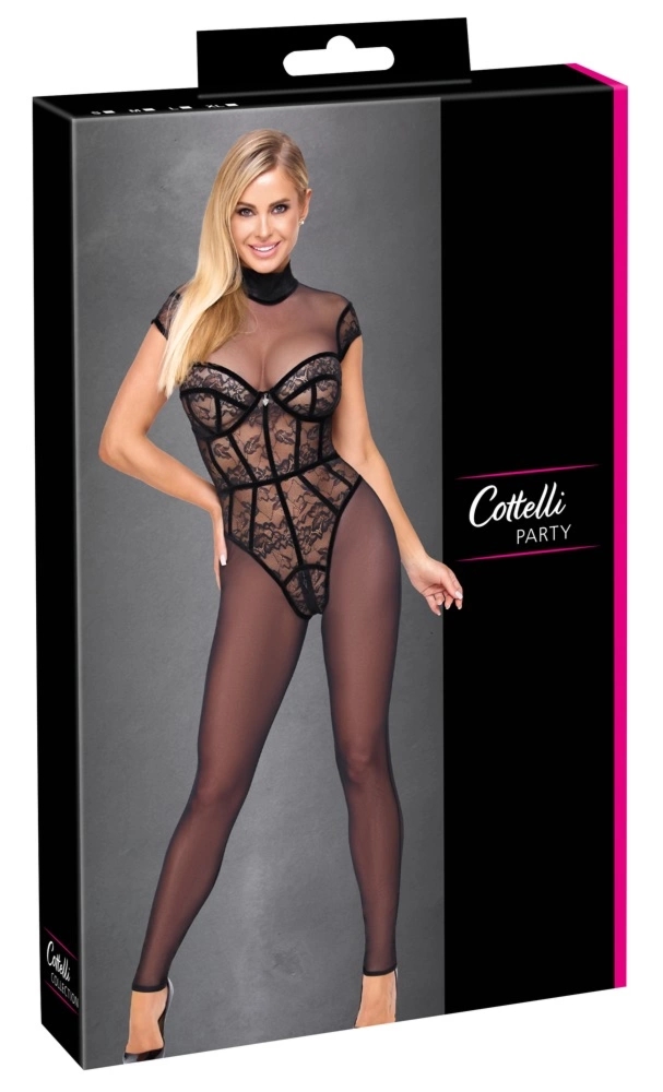 Cottelli PARTY Jumpsuit Lace L czarny kombinezon z koronką, 3-way zip, wycięcie na plecach