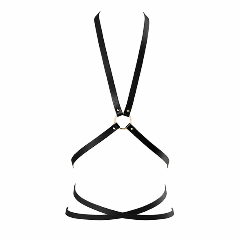 Bijoux Indiscrets Maze Body Harness Black – wielopozycyjna uprząż z eko-skóry, regulowana, czarna