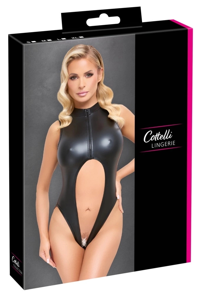 Cottelli Lingerie body czarne matowe z zamkiem, otwarty krój L, wysoki dekolt