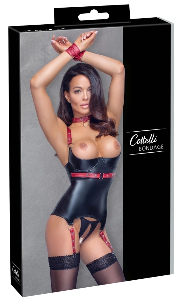 Cottelli Collection Bondage S – Matowa haleczka czerwona z obrożą, kajdankami i stringami