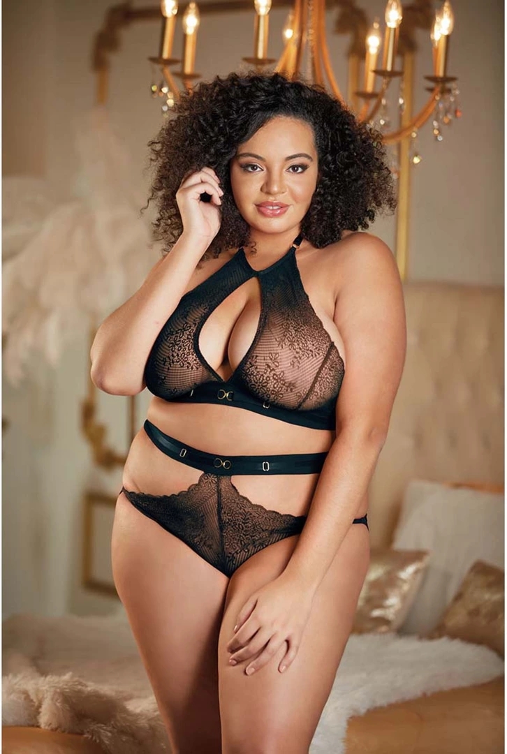 Allure Halter Set L/XL koronkowy komplet z otwartymi panelami, czarny