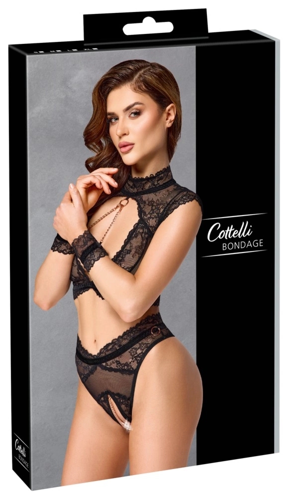Cottelli Collection Bondage zestaw koronkowy z kajdankami, łańcuszkami i pierścieniami czarny M