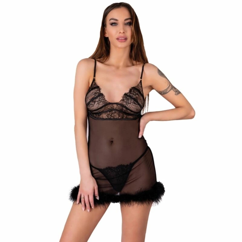Livco Corsetti Zerunam czarny komplet babydoll z koronką i stringami – lekka siateczka, klasyczny fason