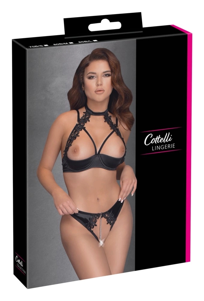 Cottelli Lingerie komplet z kwiatowym haftem 85B/L czarny, biustonosz i otwarte stringi