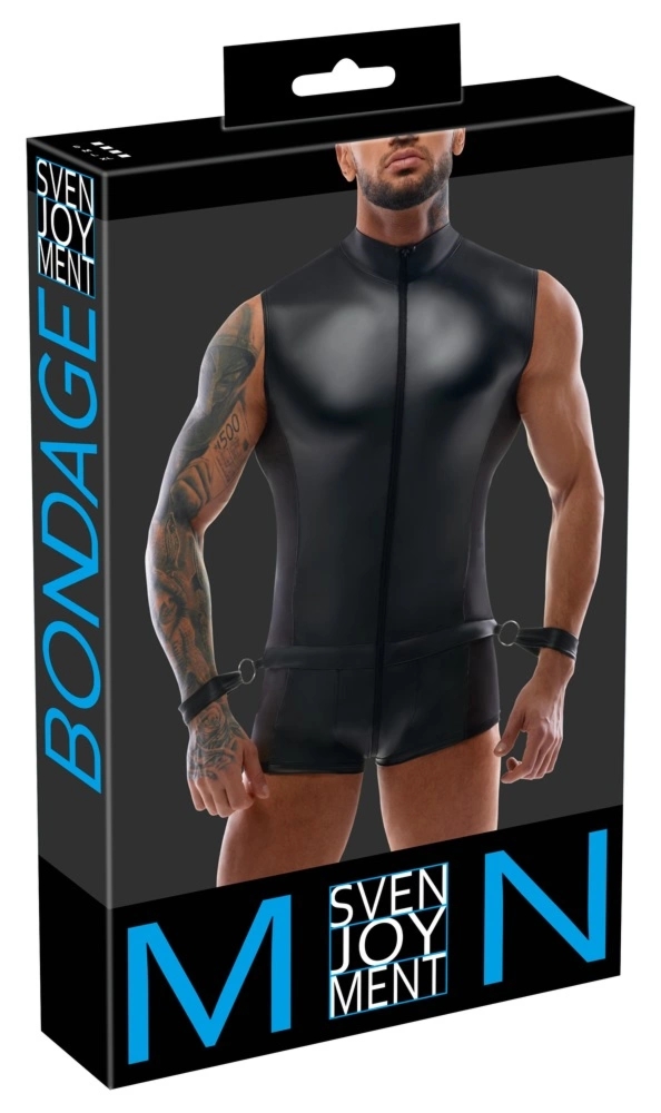Svenjoyment Bondage Kombinezon Matowy L z mankietami, siatką i pierścieniami