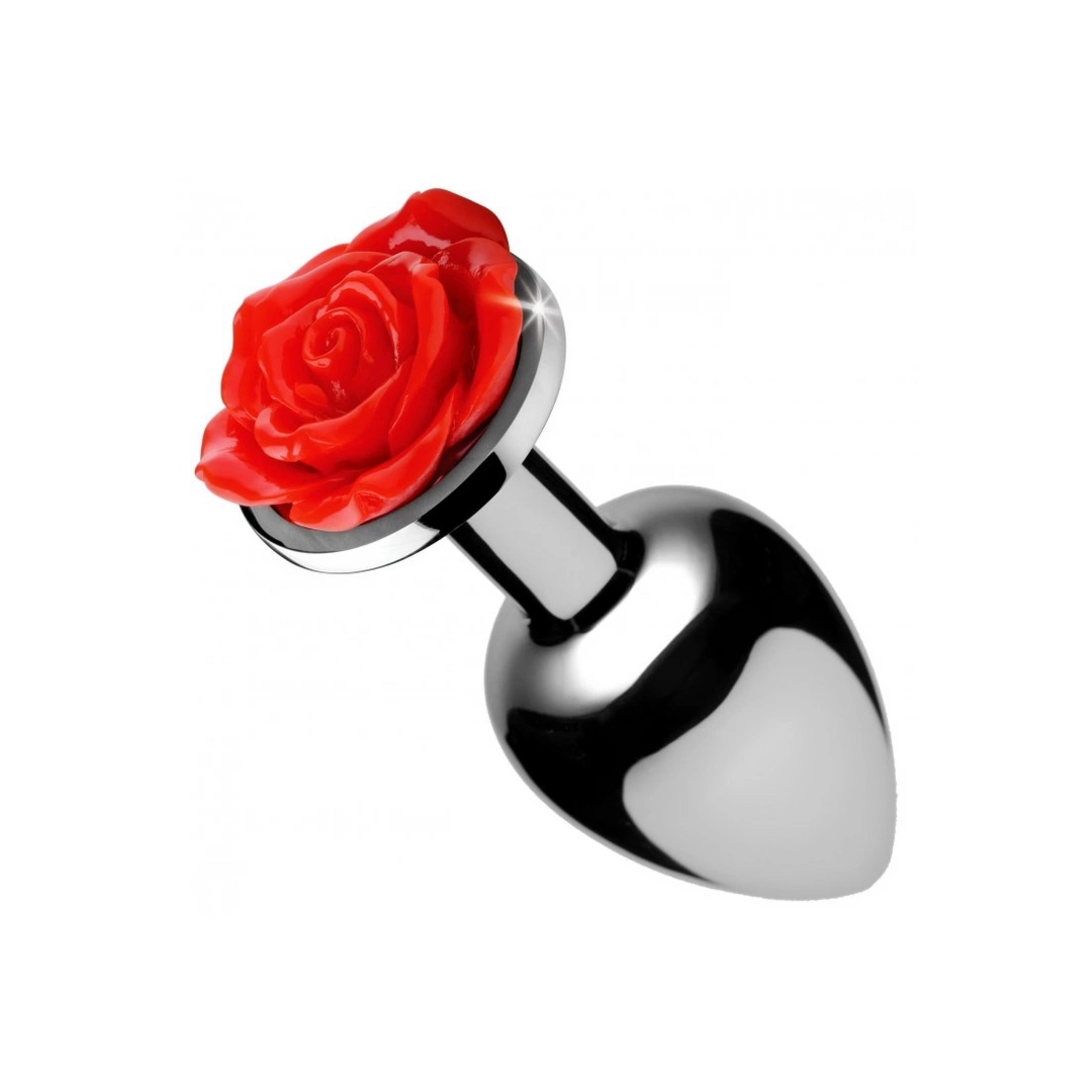 XR Brands Rosebud Plug Small – mały aluminiowy korek z dekoracją czarnej roży