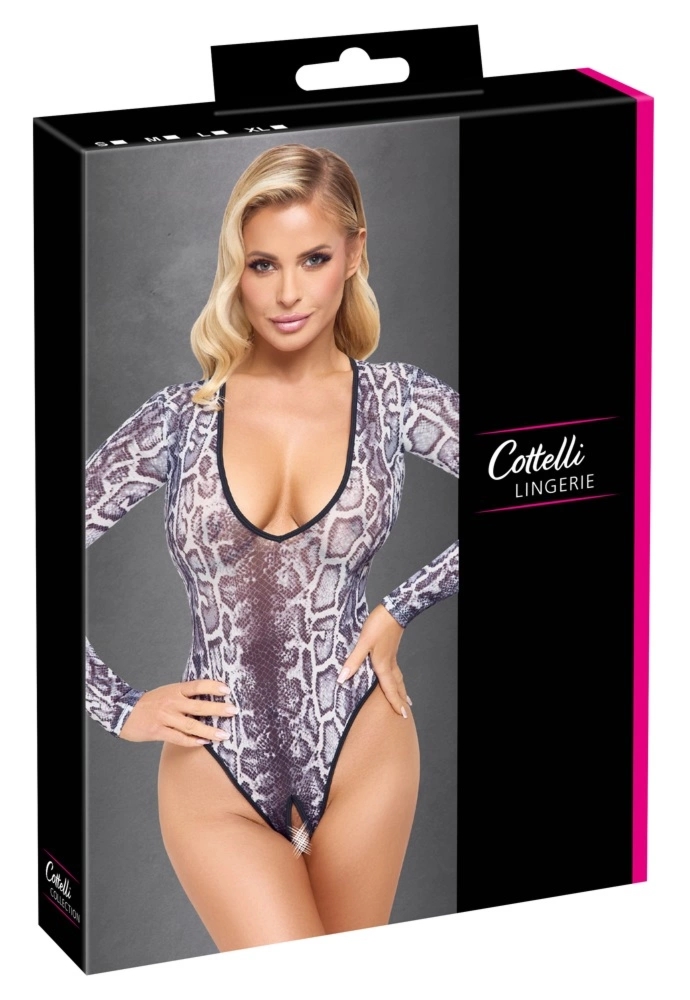 Cottelli Lingerie body panterkowy powernet M, długi rękaw, transparentny, otwarty fason