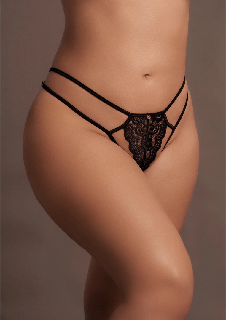Le Desir Faye Plus Size koronkowe stringi z suwakiem, czarne