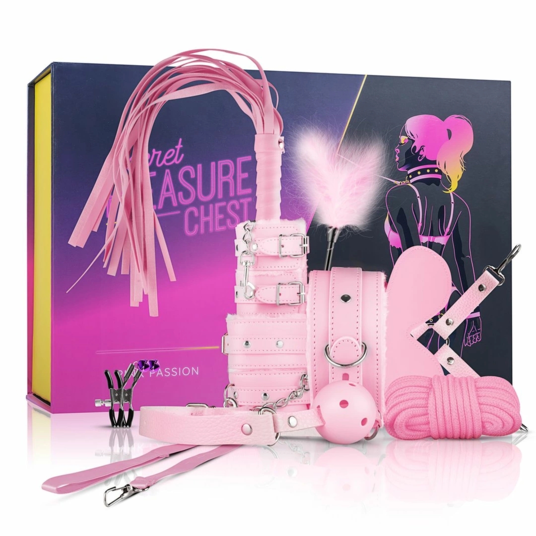 Secret Pleasure Chest zestaw akcesoriów bondage 11 elementów, różowy, regulowane opaski