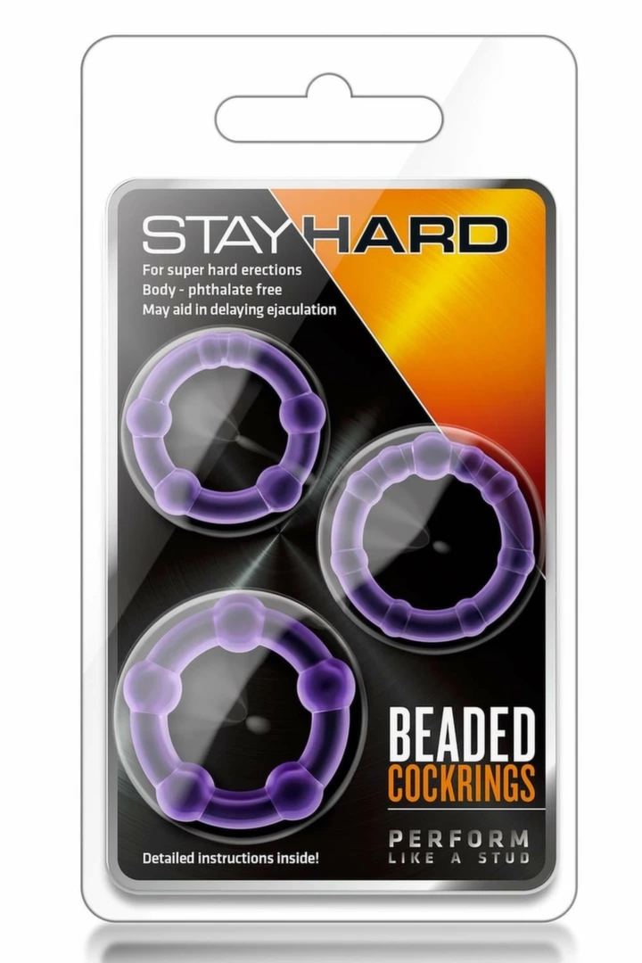 Blush Stay Hard Beaded – zestaw 3 elastycznych pierścieni TPE, fioletowe, z wypustkami