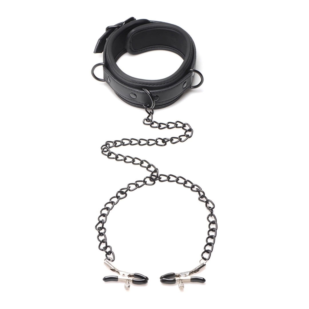 XR Brands Collared Temptress – obroża neoprenowa z łańcuszkami i regulowanymi zaciskami, czarna