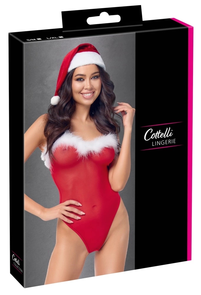 Cottelli Lingerie X-Mas Body z czapeczką, czerwony komplet świąteczny S/M, siateczka