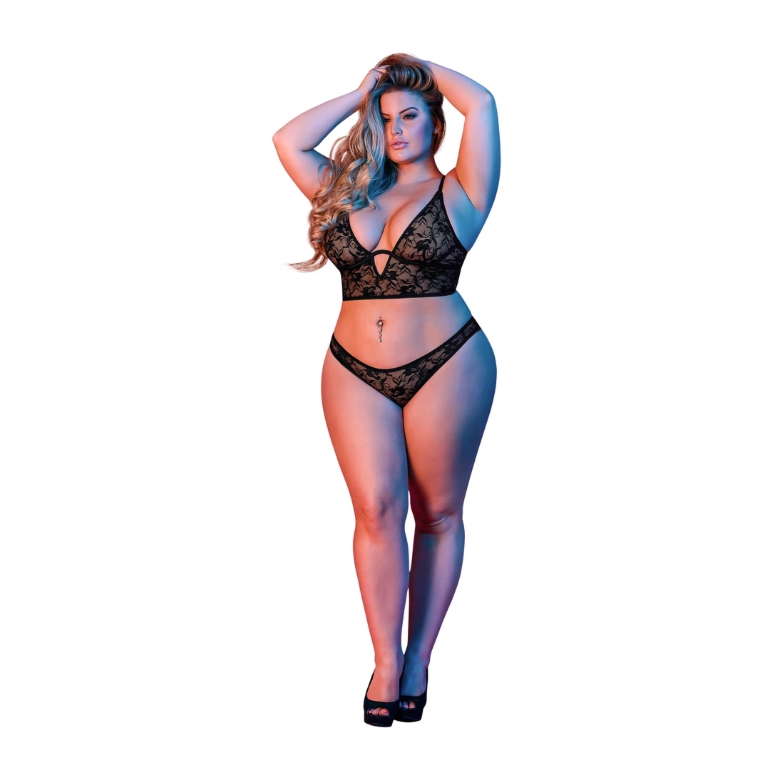 Magic Silk Exposed Zestaw Plus Size bralette z fiszbinami i koronkowe majtki czarny
