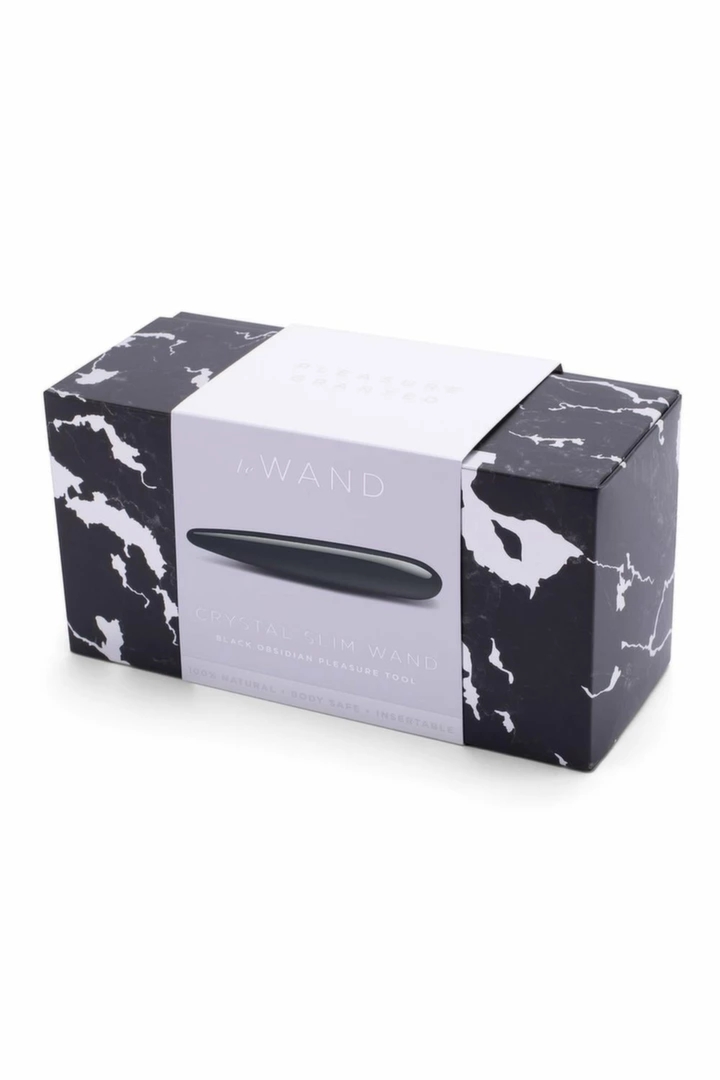 Le Wand Crystal Slim Wand Black Obsidian, smukła różdżka masażer z obsydianu, pierścień silikonowy