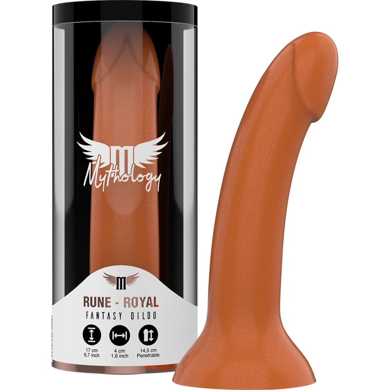 MYTHOLOGY Rune Royal model M – Silikonowa maszyna intymna, złoty, anatomiczna podstawa, 17 cm