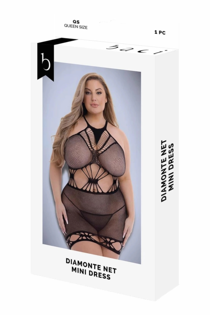 Baci Diamonte Net Mini Dress Black QS – mini sukienka siateczkowa z wycięciami diamentowymi