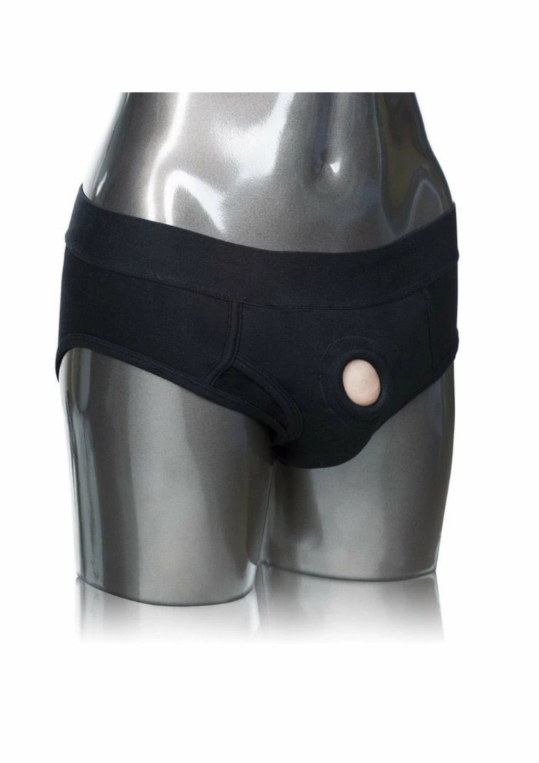 CalExotics Packer Gear Brief Harness – czarne majtki XS/S z systemem mocowania i kieszenią na stymulator