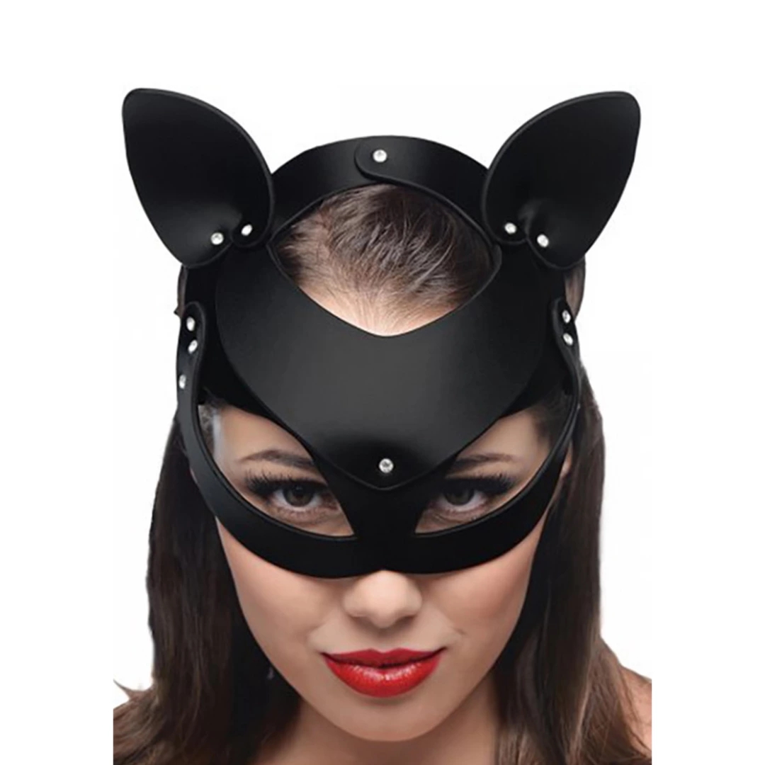 XR Brands Leather Cat Mask – regulowana maska z naturalnej skóry, motyw kota