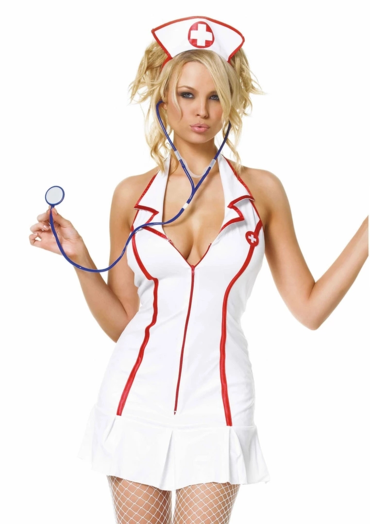 Leg Avenue Head Nurse Dress komplet 3-częściowy z akcesoriami S/M, biały z czerwonymi detalami