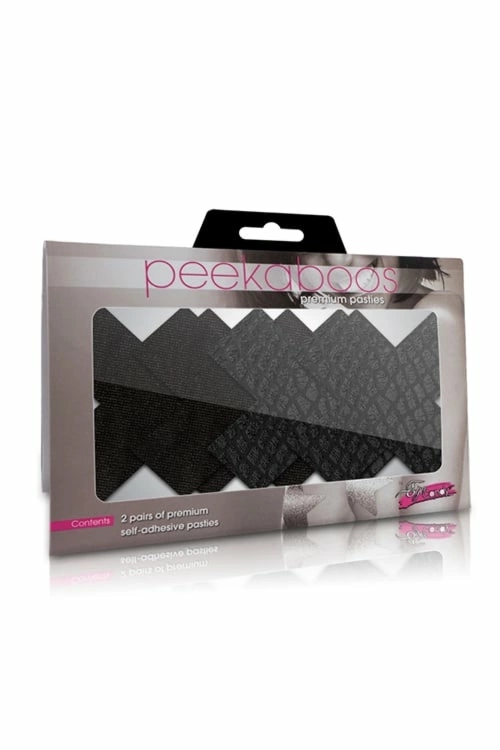 Peekaboo Pasties Classic Black X – samoprzylepne ozdoby satynowe i imitacja skóry, 2 pary