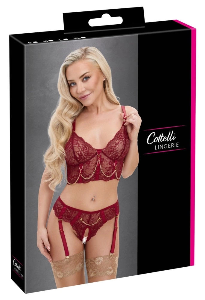Cottelli LINGERIE Bra Set with Chains L koronkowy komplet, bordowy, złote akcenty, L