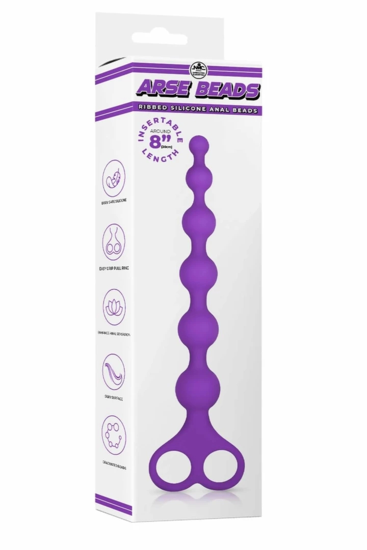 NMC 8 Inch Ribbed Silicone Beads Fioletowe – elastyczny model anatomiczny 20,3 cm z pierścieniem