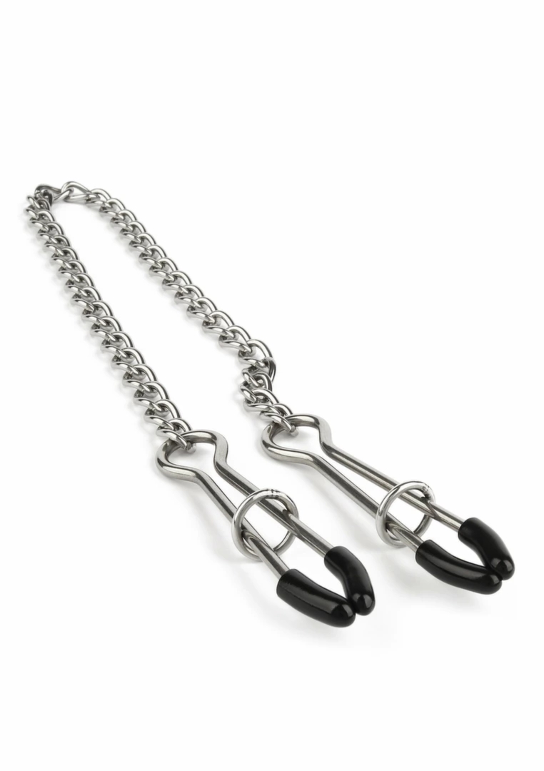Mr. Steel Tweezer Nipple Clamps stalowe klamry z regulacją docisku i łańcuszkiem, gumowe końcówki