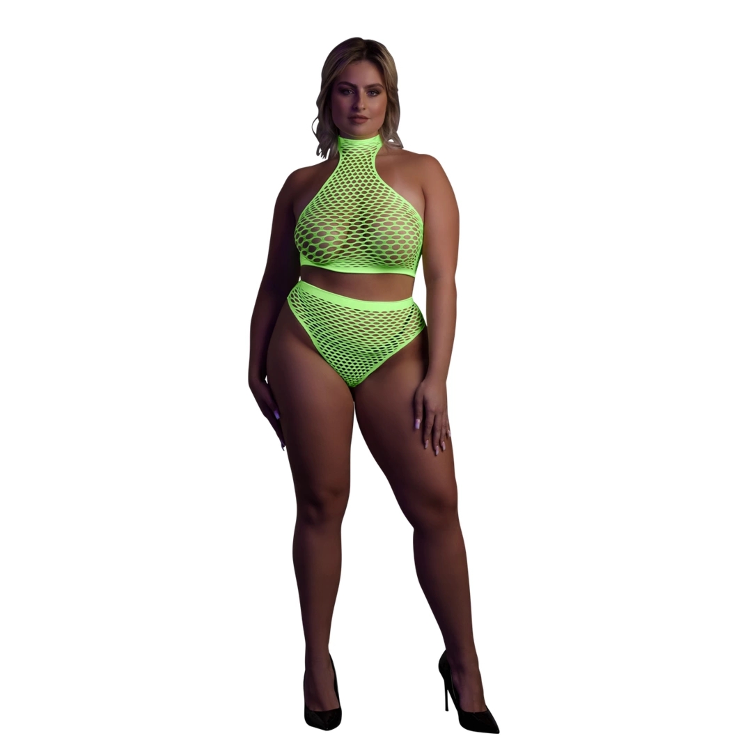 Ouch! Neon Set Top z Golfem i Majtki Wysoki Stan XL-XXXXL, neonowy roż/zieleń, UV aktywowany