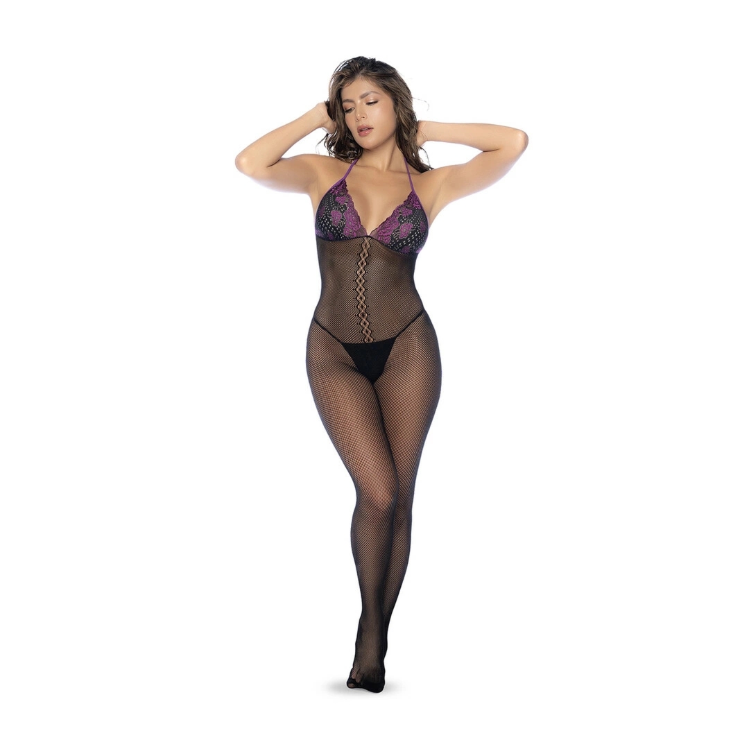 Mapele Bodystocking Fishnet & Lace czarny/fioletowy, uniwersalny, halterowy dekolt