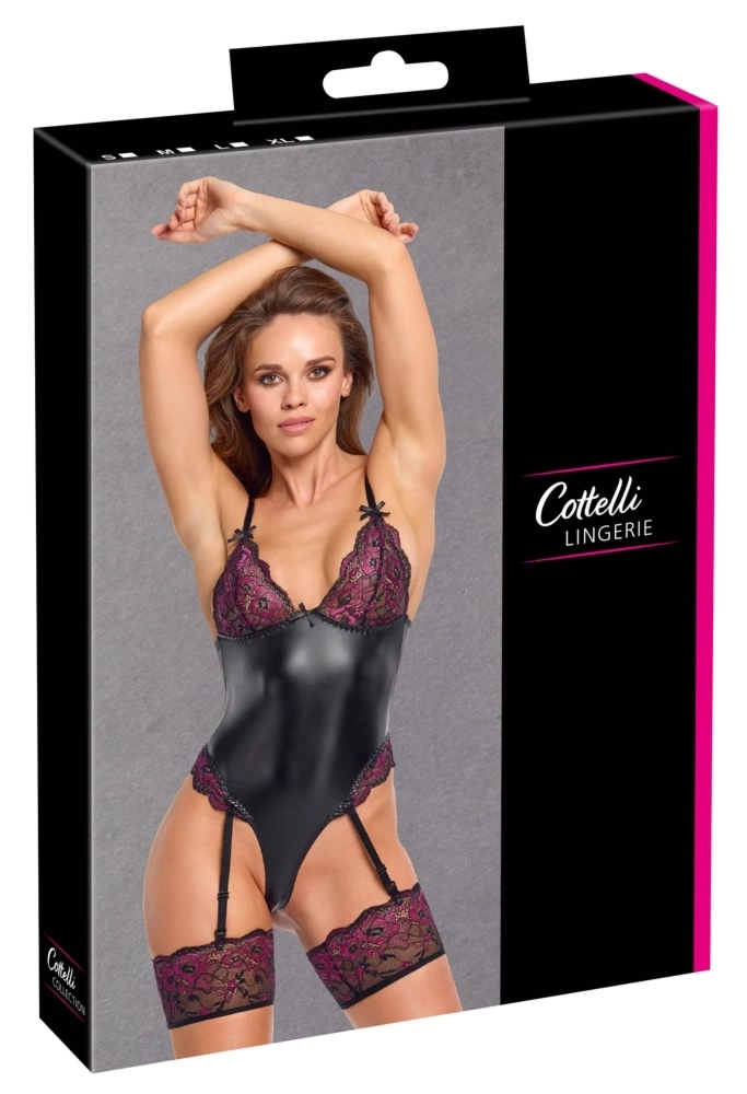 Cottelli Lingerie body z odpinanymi pasami i koronką czarny/różowy S, regulowane ramiączka, zapięcie w kroku