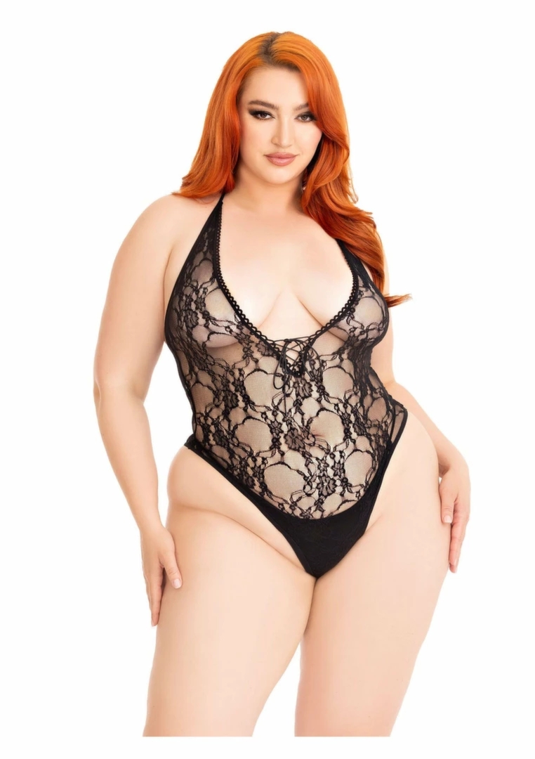Plus Floral Lace Deep-V Teddy koronkowe body, głęboki dekolt, plus size