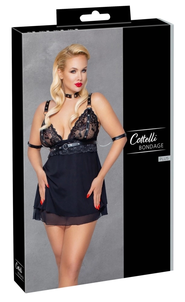 Cottelli Bondage Sukienka 3XL Czarna z Koronką, Obrożą, Mankietami i Chustą