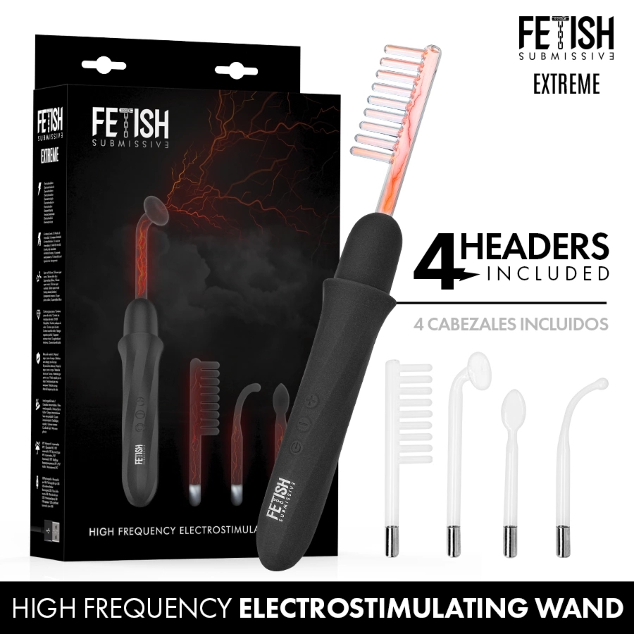 Fetish Submissive Wand elektrostymulujący – 6 poziomów, 4 końcówki, silikon, czarny
