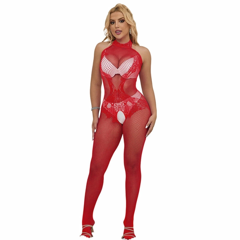 Subblime 952372 Bodystocking z siatki i koronki, wysoki kołnierz, czerwony, uniwersalny