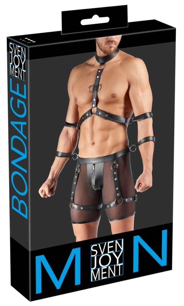 Svenjoyment Bondage zestaw spodenki z uprzężą, szelkami i mankietami XL czarny