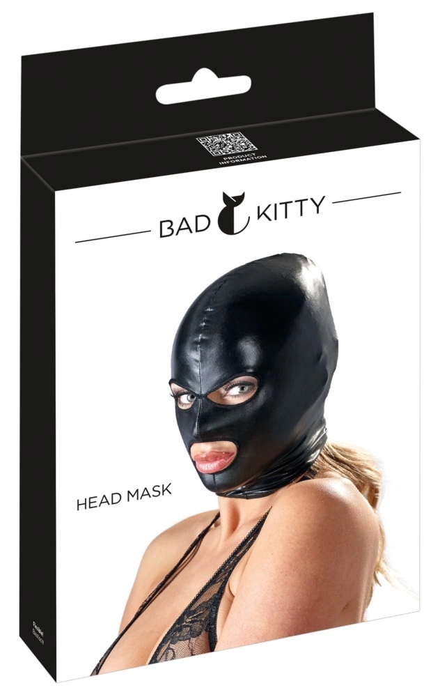 Bad Kitty maska czarna wet look, wycięcia na oczy i usta, uniwersalna, elastyczna taśma