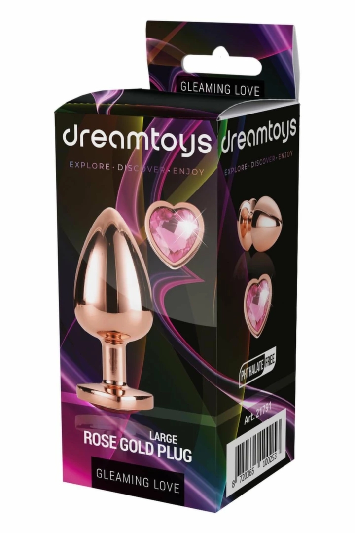 GLEAMING LOVE Rose Gold Plug Large aluminiowy model z sercowatym kryształem, 9,5 cm