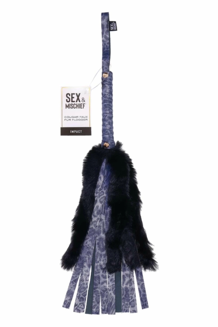 SPORTSHEETS Cougar Faux Fur Flogger granatowy, futerko syntetyczne, 33 cm
