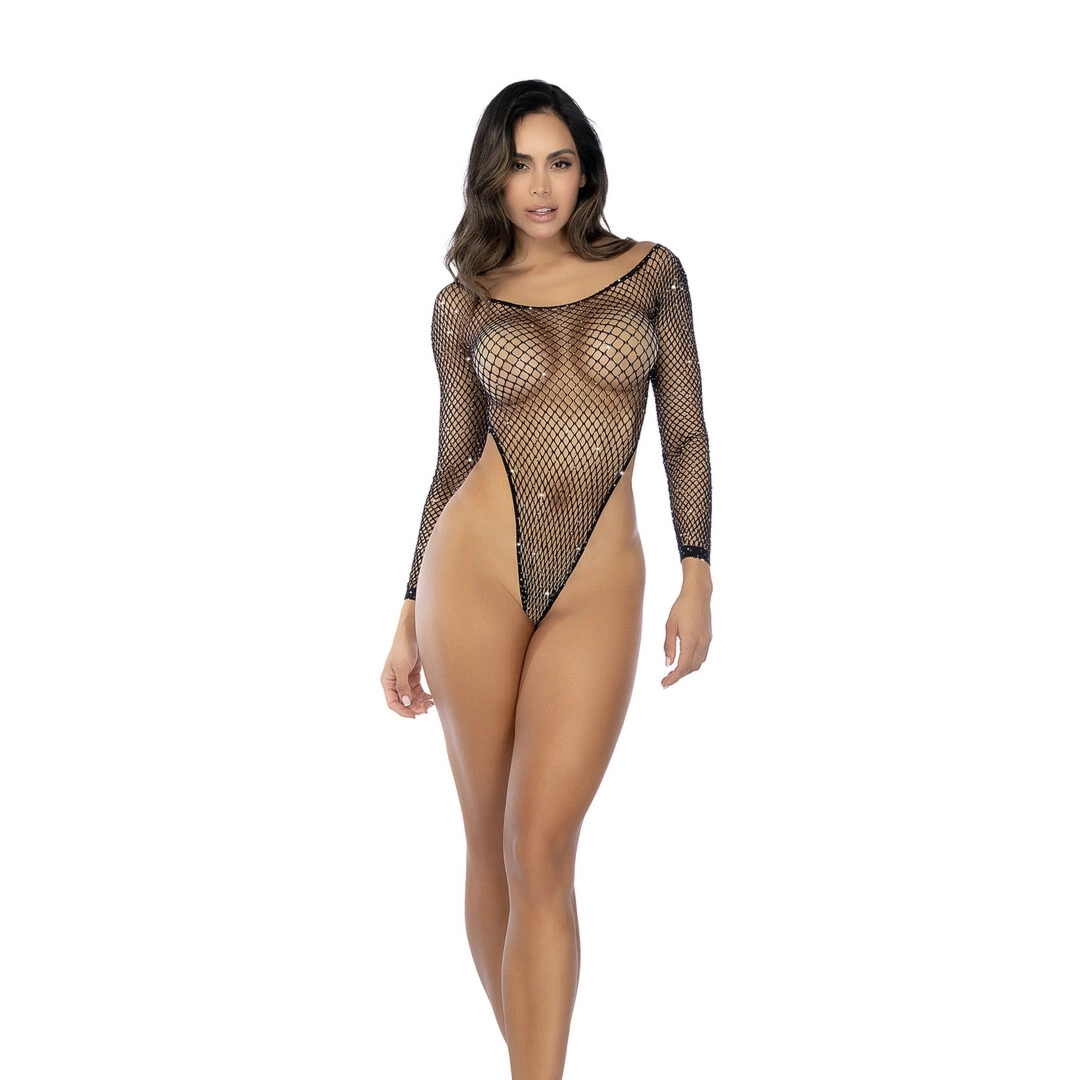 Mapele Body z Siatki z Długim Rękawem i Cyrkoniami Czarny One Size string wykończenie