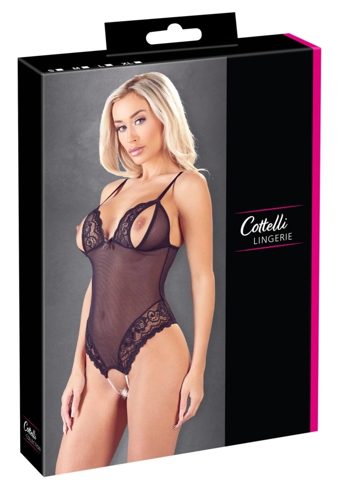 Cottelli Lingerie Body Siateczkowe S czarne z koronką, otwarty krok, regulowane paski