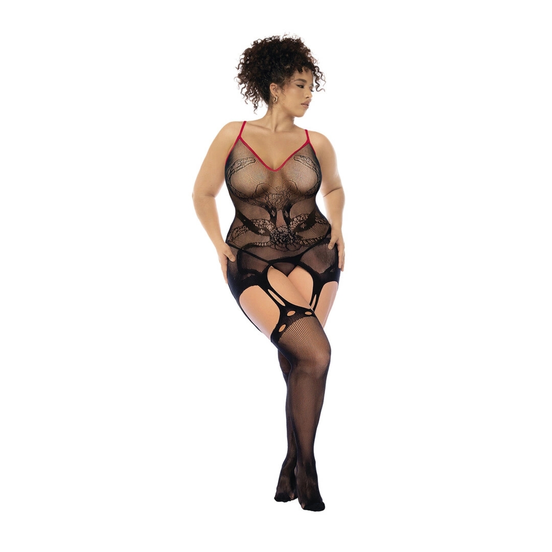 Mapele Snake Rose Bodystocking Queen Size czarno-czerwony z długim wiązaniem na plecach